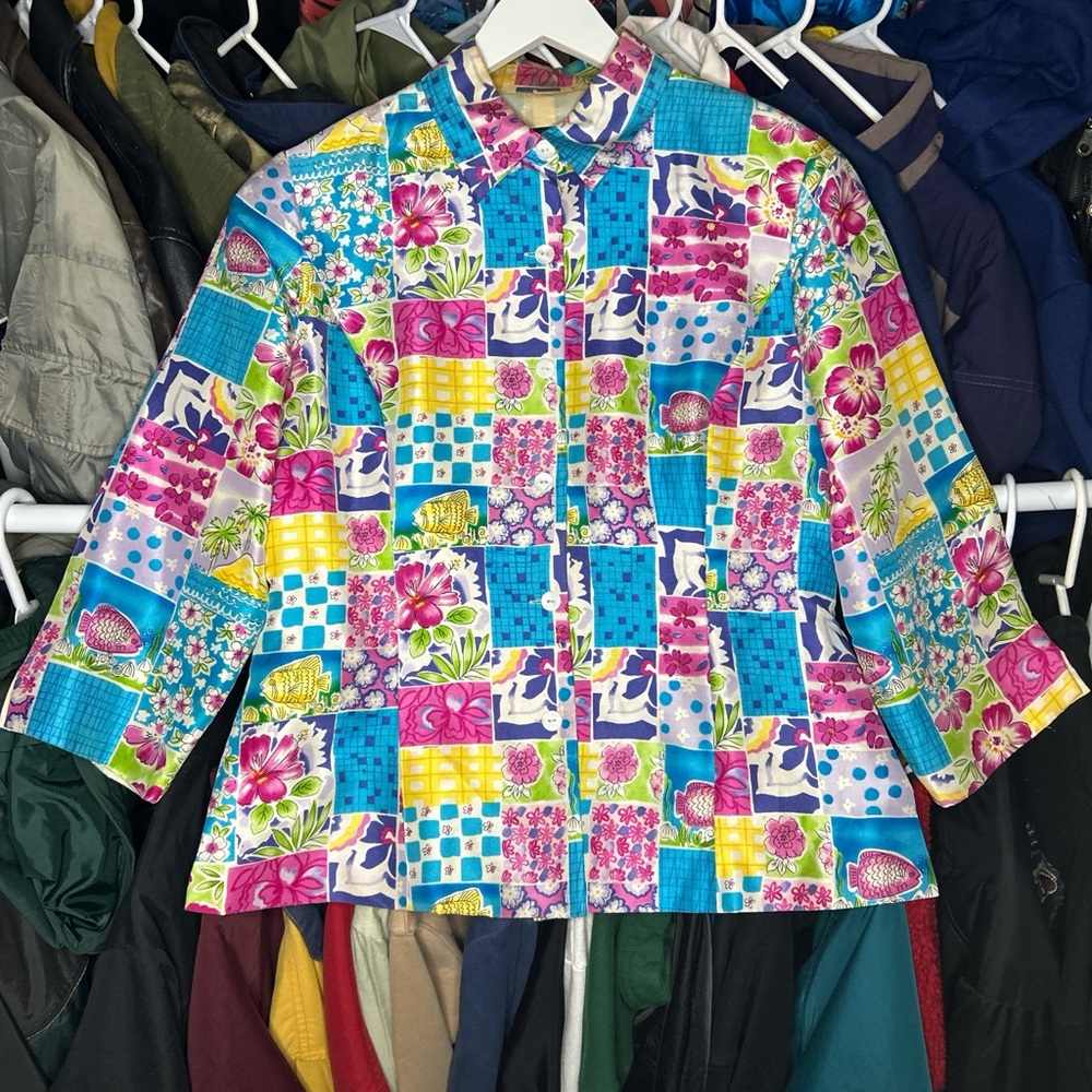 Vintage 80s Multicolor Floral Silk Patchwork Lightweight Jacket medium
